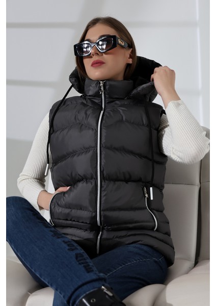Jel Dolgu Çıkartılabilen Fermuarlı Kapüşonlu Iç Cepli Astarlı Kadın Şişme Yelek modelleri