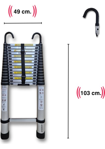 620 Cm. - 16  Basamaklı Kancalı Teleskobik / Teleskopik Alüminyum Merdiven - I Tipi Uzayan Merdiven