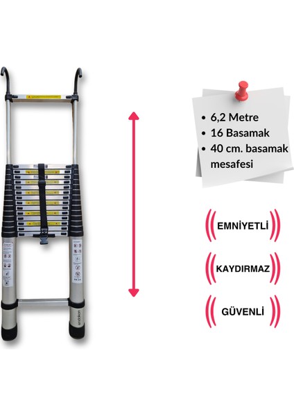 620 Cm. - 16  Basamaklı Kancalı Teleskobik / Teleskopik Alüminyum Merdiven - I Tipi Uzayan Merdiven