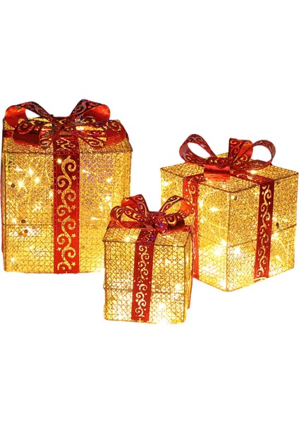 3 Parça Noel Işıklı Hediye Kutuları Kapalı Bahçe Için Noel Altın ve Kırmızı (Yurt Dışından)