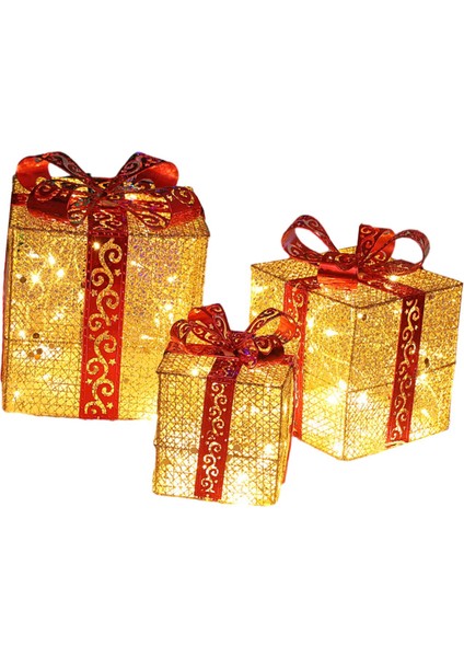 3 Parça Noel Işıklı Hediye Kutuları Kapalı Bahçe Için Noel Altın ve Kırmızı (Yurt Dışından) fiyatları