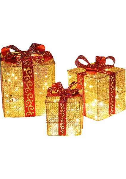 3 Parça Noel Işıklı Hediye Kutuları Kapalı Bahçe Için Noel Altın ve Kırmızı (Yurt Dışından) modelleri