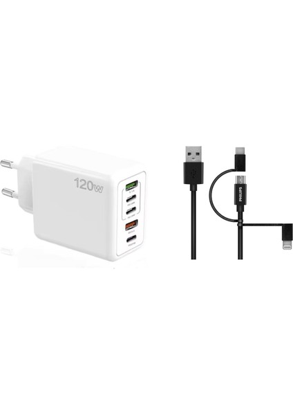 120W 3 Type-C + 2 UsbA Toplam 5 Çıkışlı Philips 3in1 Micro Usb-Lightining-Type-C Kablolu 2m Şarj Aleti Beyaz SR104