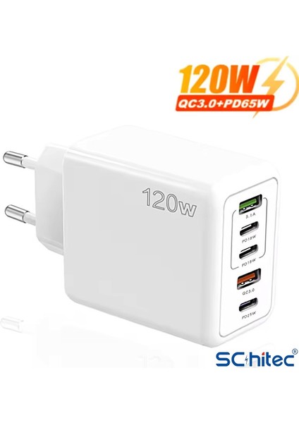 120W 3 Type-C + 2 UsbA Toplam 5 Çıkışlı Philips 3in1 Micro Usb-Lightining-Type-C Kablolu 2m Şarj Aleti Beyaz SR104