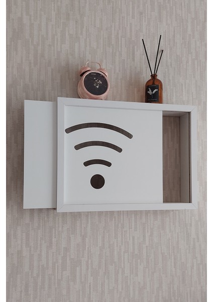 Beyaz 25 x 35 x 7 cm Wifi Amblemli Duvara Asılabilir Sigorta ve Modem-Wifi Saklama Kutusu! Saklama Kutusu