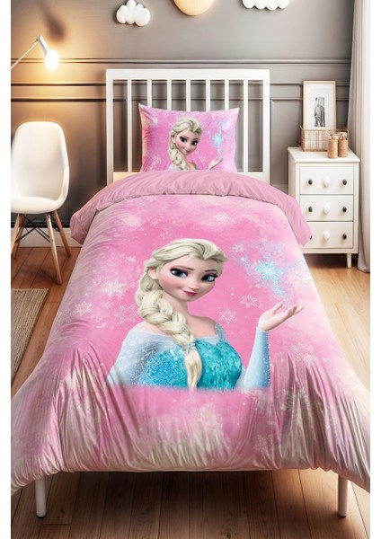 Kar Kristallı Pembe Elsa Desenli Tek Kişilik Bebek Çocuk Nevresim Seti