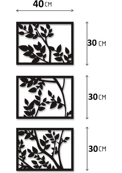 Üçlü Dal ve Yaprak Desenli Ahşap Dekoratif Duvar Tablosu
