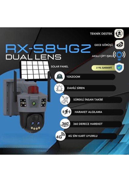 RX-584GZ Dual Lens 10X Zoomsolar Panelli Akıllı Işıklı Güvenlik Kamerası