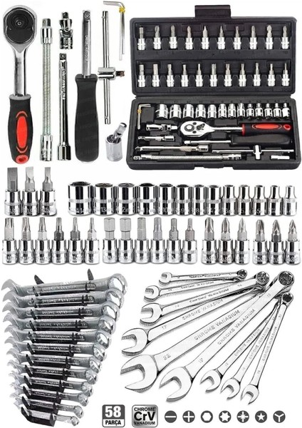 58 Parça 46MINI Lokma Takımı Otomatik Cırcırlı 1/4" 12 Parça Kombine Açık Ağız-Yıldız Anahtar Takım