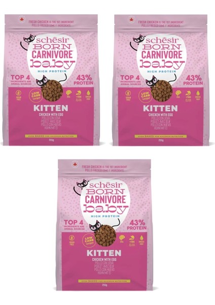 Born Carnivore Baby Tavuk ve Yumurtalı Tahılsız Yavru Kedi Kuru Maması 225 Gr. x 3 Paket