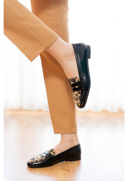 Fava Leopar Siyah Rugan ( 1 cm Topuklu ) Küt Burunlu Burun Babet fırsatları