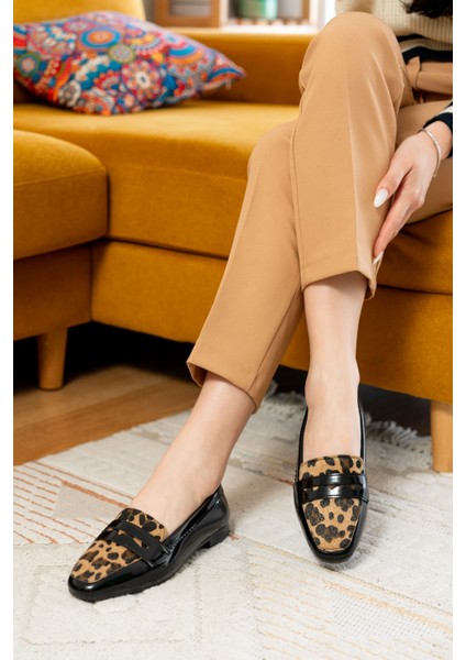 Fava Leopar Siyah Rugan ( 1 cm Topuklu ) Küt Burunlu Burun Babet indirimleri