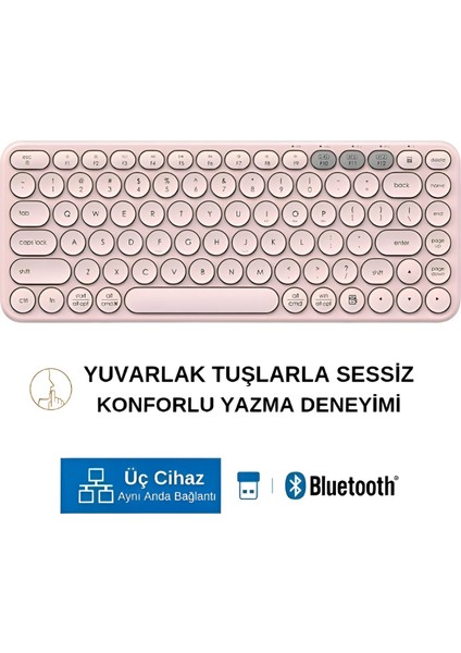 BTK1 Çift Modlu Kablosuz 2.4ghz & Bluetooth V5.0 Sessiz Q Klavye Pembe (Ramwhite Türkiye Garantili)