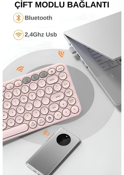 BTK1 Çift Modlu Kablosuz 2.4ghz & Bluetooth V5.0 Sessiz Q Klavye Pembe (Ramwhite Türkiye Garantili)