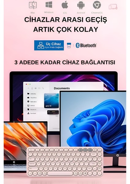 BTK1 Çift Modlu Kablosuz 2.4ghz & Bluetooth V5.0 Sessiz Q Klavye Pembe (Ramwhite Türkiye Garantili)