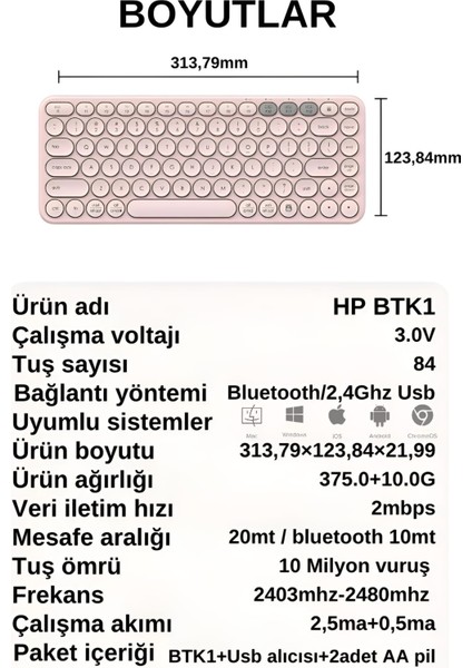 BTK1 Çift Modlu Kablosuz 2.4ghz & Bluetooth V5.0 Sessiz Q Klavye Pembe (Ramwhite Türkiye Garantili)