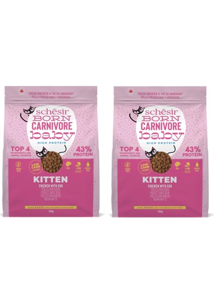 Born Carnivore Baby Tavuk ve Yumurtalı Tahılsız Yavru Kedi Kuru Maması 225 Gr. x 2 Paket