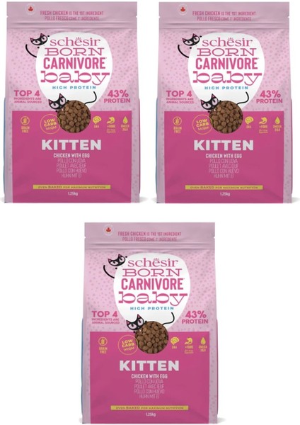 Born Carnivore Baby Tavuk ve Yumurtalı Tahılsız Yavru Kedi Kuru Maması 1.25 Kg. x 3 Paket