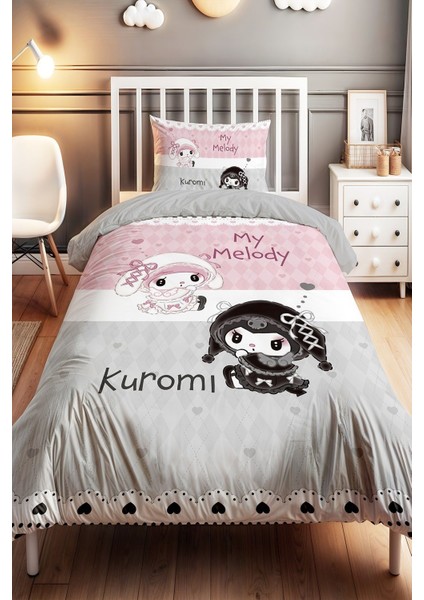 Pembe Gri Kalpler Kuromi ve My Melody Desenli Tek Kişilik Bebek Çocuk Nevresim Seti