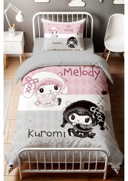 Pembe Gri Kalpler Kuromi ve My Melody Desenli Tek Kişilik Bebek Çocuk Nevresim Seti