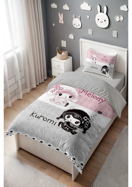 Pembe Gri Kalpler Kuromi ve My Melody Desenli Tek Kişilik Bebek Çocuk Nevresim Seti