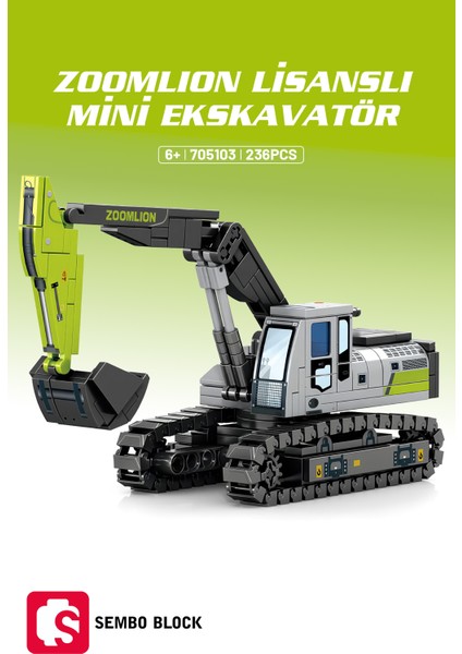 Sembo Block Zoomlion Lisanslı Mini Ekskavatör 236 Parça Yapı Blokları LEGO ile Uyumlu (705103)