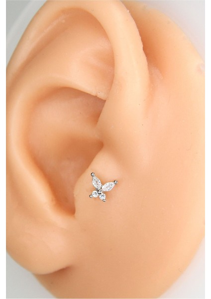 Gümüş Renk 8mm Taşlı Kelebek Piercing Tragus Helix Kıkırdak