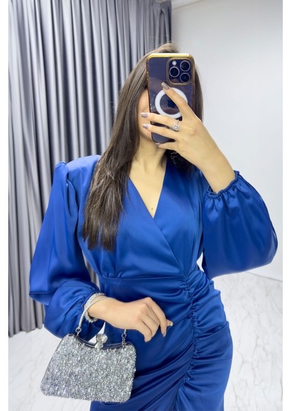 Indigo Kadın Kruvaze Saten Drapeli Yırtmaç Detaylı Balon Kol Büyük Beden Elbise modelleri
