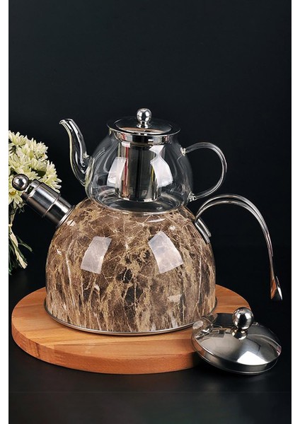 Mermer Düdüklü Çelik Cam Çaydanlık Takımı – Kahve