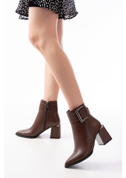 DNZ-400 Kahverengi Toka Aksesuarlı Topuklu Fermuarlı Günlük Kadın Bot fiyatları