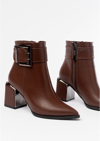 DNZ-400 Kahverengi Toka Aksesuarlı Topuklu Fermuarlı Günlük Kadın Bot modelleri