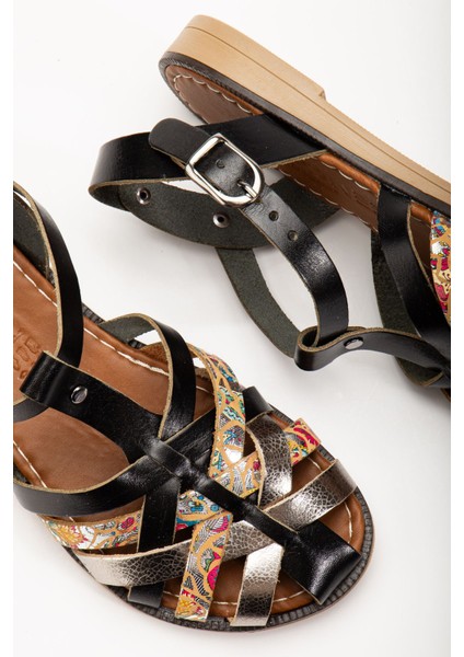 205-02 Siyah Garni Ortopedik Deri Kadın Sandalet modelleri