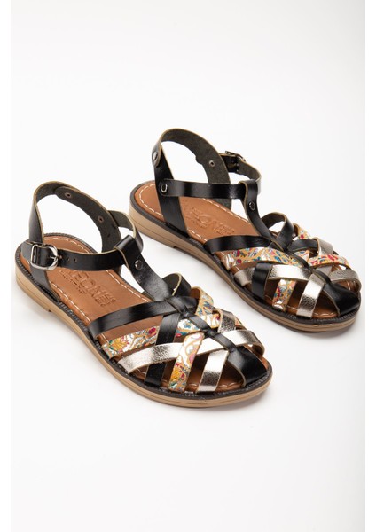 205-02 Siyah Garni Ortopedik Deri Kadın Sandalet fırsatları