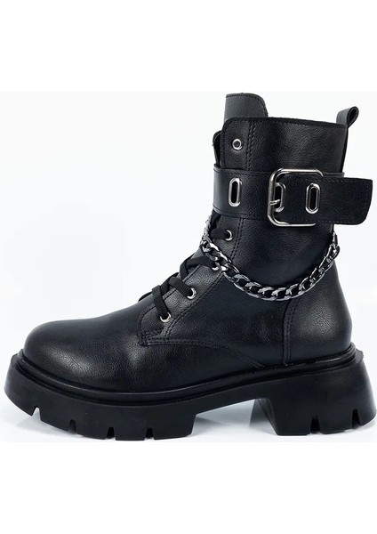 Kadın Siyah Su Geçirmez Zincir ve Toka Detaylı İçi Sıcak Astar Fermuarlı Bot