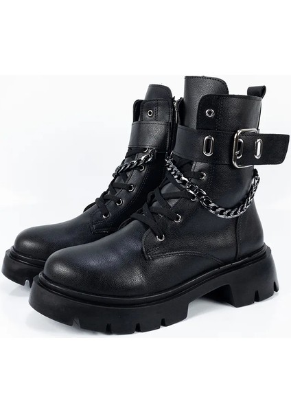 Kadın Siyah Su Geçirmez Zincir ve Toka Detaylı İçi Sıcak Astar Fermuarlı Bot fiyatları
