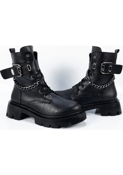 Kadın Siyah Su Geçirmez Zincir ve Toka Detaylı İçi Sıcak Astar Fermuarlı Bot modelleri