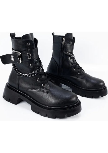 Kadın Siyah Su Geçirmez Zincir ve Toka Detaylı İçi Sıcak Astar Fermuarlı Bot fırsatları