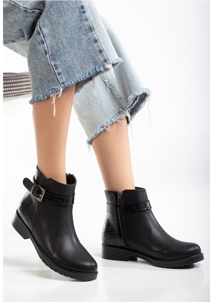 165-204/1 Siyaha Kroko Toka Aksesuarlı Fermuarlı Günlük Kadın Bot modelleri