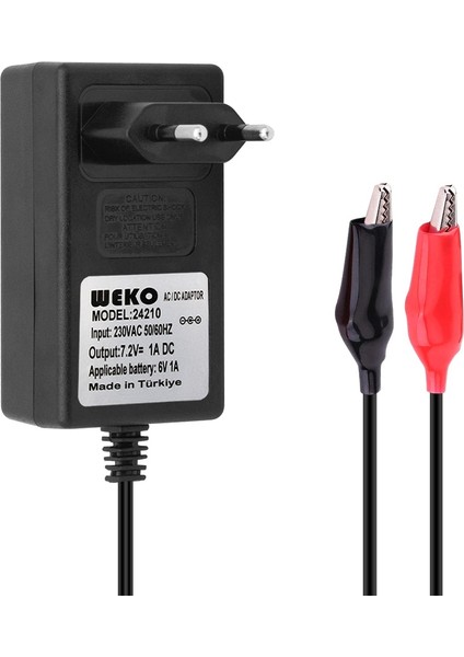 7.2 Volt - 1 Amper Krokodil Uçlu Priz Tip Kırmızı Yeşil Ledli Yerli Üretim Akü Şarj Adaptörü (OUT:6V1A) (4886)