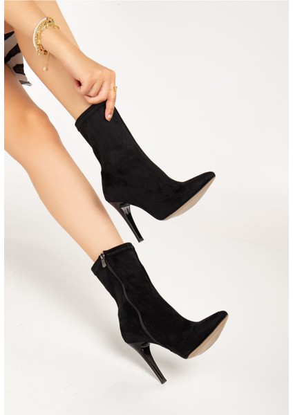 VRT-4811 Siyah Süet Yüksek Ince Topuklu Fermuarlı Kadın Bot fiyatları