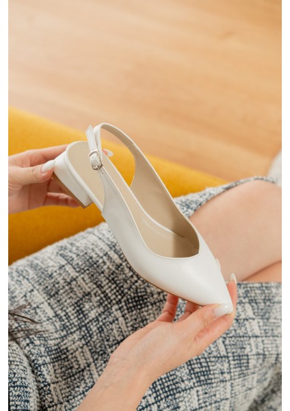 Liona Beyaz ( 3 cm Topuklu ) Sivri Burun Topuklu Babet modelleri