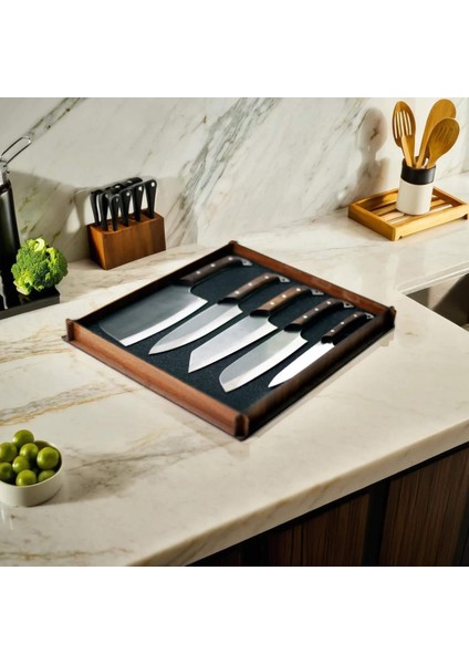 Alaz: 5'Li Şef Bıçağı Seti Kutulu - Klasik, Santoku, Kiritsuke, Fileto & Doğrama Bıçağı, Satır Ahşap Saplı Şef Mutfak Bıçak Seti