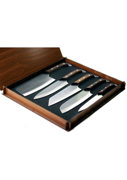 Alaz: 5'Li Şef Bıçağı Seti Kutulu - Klasik, Santoku, Kiritsuke, Fileto & Doğrama Bıçağı, Satır Ahşap Saplı Şef Mutfak Bıçak Seti modelleri