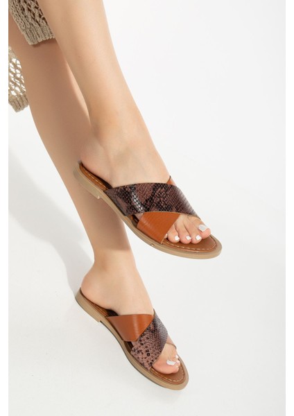 169-076 Taba Ortopedik Deri Çapraz Bantlı Kadın Terlik indirimleri