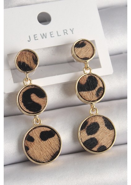 Pirinç Gold Renk 3'lü Leopar Desenli Sallantı Daire Plaka Model Kadın Küpe
