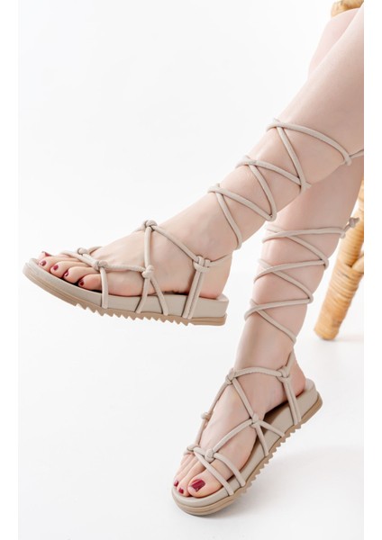 1001-1001 Bej Bilekten Bağcıklı Kadın Sandalet fiyatları