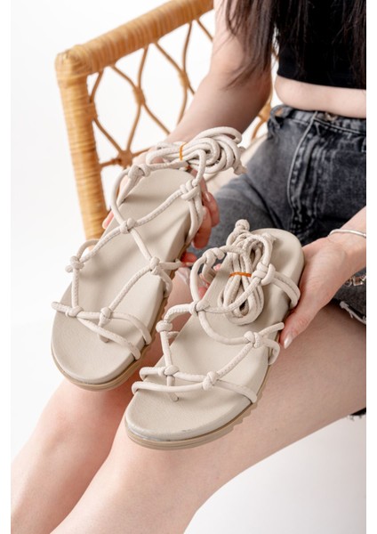 1001-1001 Bej Bilekten Bağcıklı Kadın Sandalet modelleri