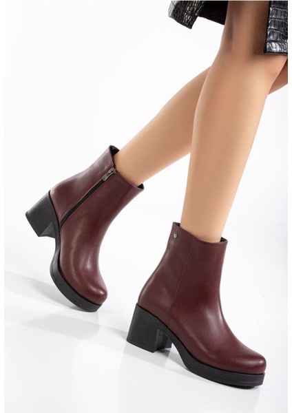 5109-3022 Bordo Fermuarlı Kalın Topuklu Günlük Kadın Bot