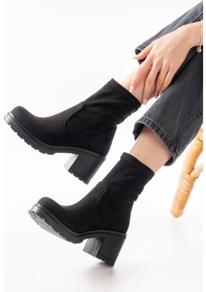 767-3040 Siyah Süet Günlük Kalın Topuklu Kadın Bot indirimleri