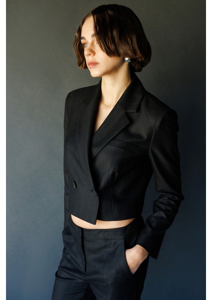Kadın Çizgili Crop Ceket 1141 Siyah